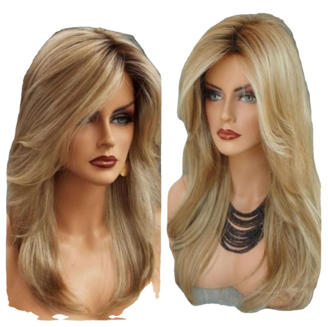 Transfronterizo europeo y americano nueva moda damas cabello de fibra química wig dorado dorado seda de alta temperatura fibra química gran onda peluca