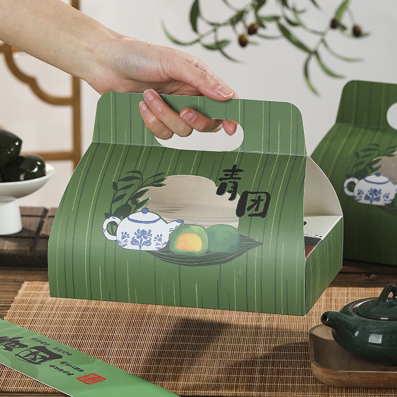 2024款古風青團包裝盒手工艾草清明果手提6粒打包盒烘焙開窗盒