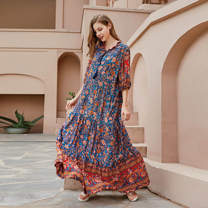 Grenzüberschreitendes, authentisches Plus-Size-Kleid aus dem Nahen Osten (Dubai), gefertigt aus Baumwolle und Seide mit Blumenmuster, locker geschnitten, kurzärmelig, für den Außenhandel_voghion.com
