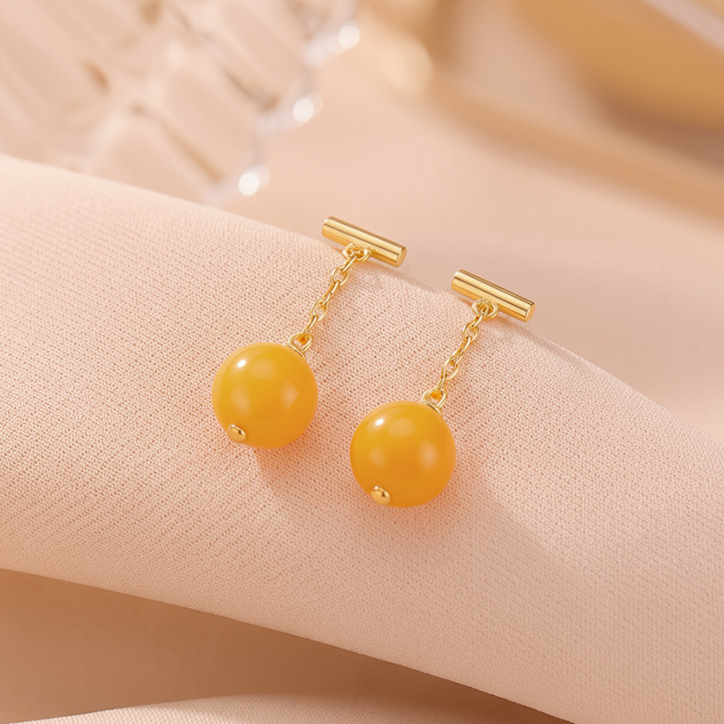 Bông tai bạc S925 mạ vàng đính đá hổ phách và ngọc bích phong cách tối giản — Một cặp màu hổ phách