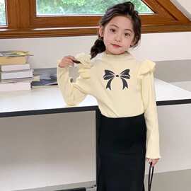 女童长袖t恤秋冬装新款宝宝飞袖蝴蝶结打底衫儿童甜美洋气上衣T潮
