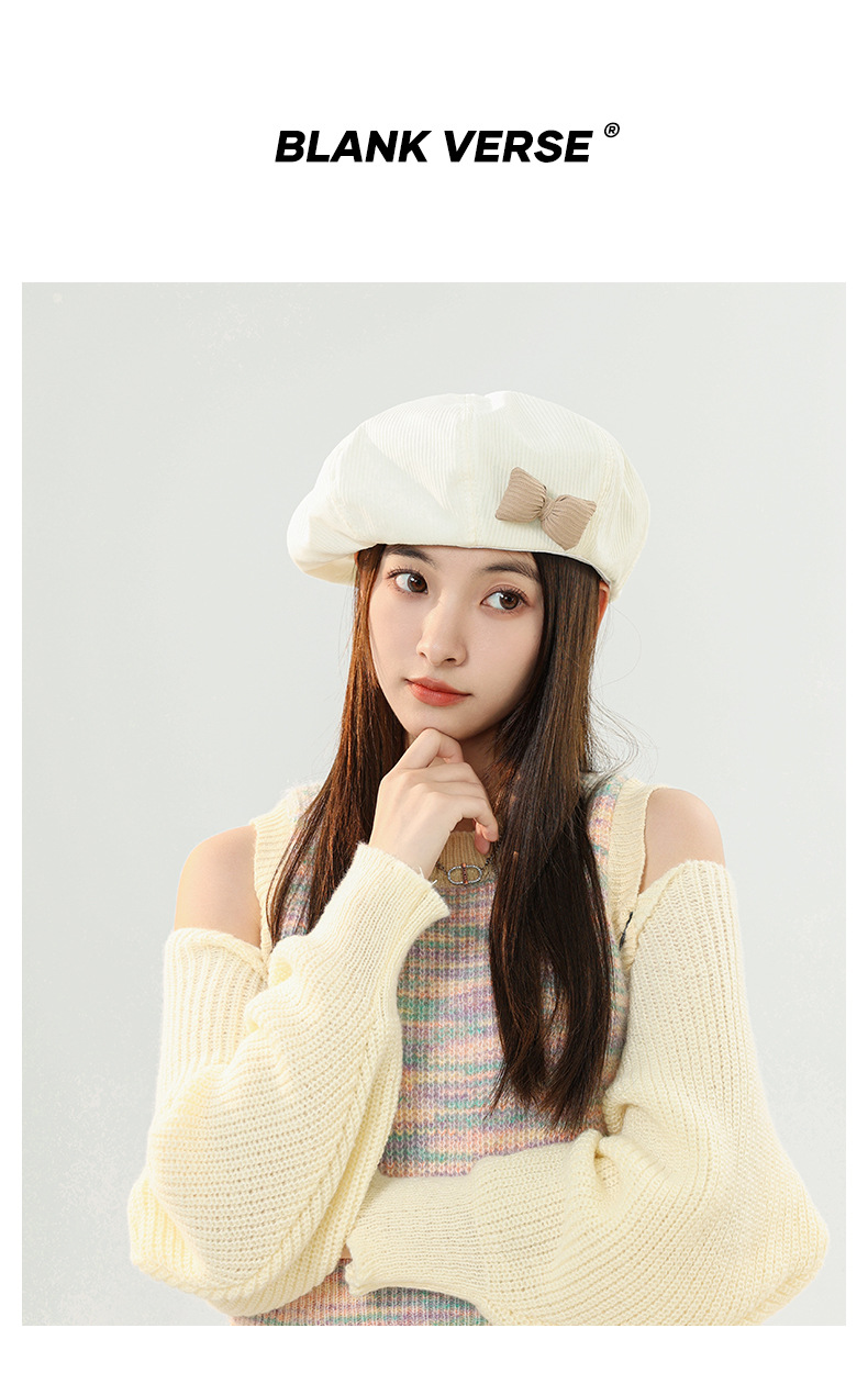 Hat female autumn and winter solid color bow beret parent-child Korean version white sweet bud hat retro painter hat_voghion.com