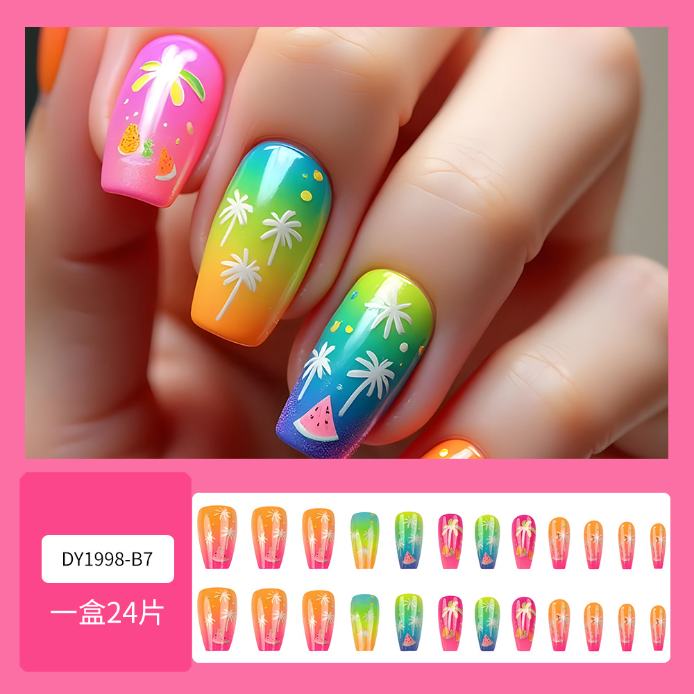 Manicura tropical fluorescente dulce y fresca con elementos de cocotero y sandía, uñas largas, puntas especiales para fiestas.