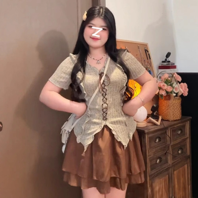 Plus-Size Women's Summer Outfit New Spicy Girl Pure Desire Style Tummy-Concealing Slimming Top Short-Sleeve Skirt Two-Piece Set