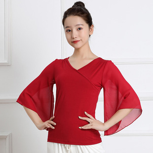 Modal Dance Clothing with Chiffon Bell Sleeves, Square Dance Top, V-Neck Team Performance Outfit, Comfortable and Stretchy