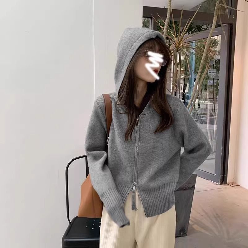 [퍼플스타] 24 가을 · 겨울 포시즌 그린 제인 코리안 그레이 니트 후드여성 루즈아웃 스웨터 쇼트오픈