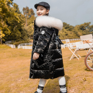 Children's down Jacket Girls Glossy No-Wash 2023 New Style Thickened Girls Long Over-The-Knee down Jacket Winter