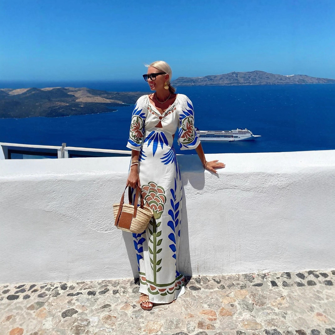 2025 European and American Cross-Border Ins Internet Celebrity New Dress Positioning Printed Waist Exposed Back Holiday Style Women's Long Skirt