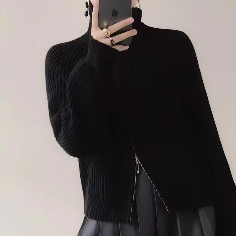 灰色浣熊绒半高领立领双拉链毛衣外套女秋冬加厚外搭外穿针织开衫|undefined
