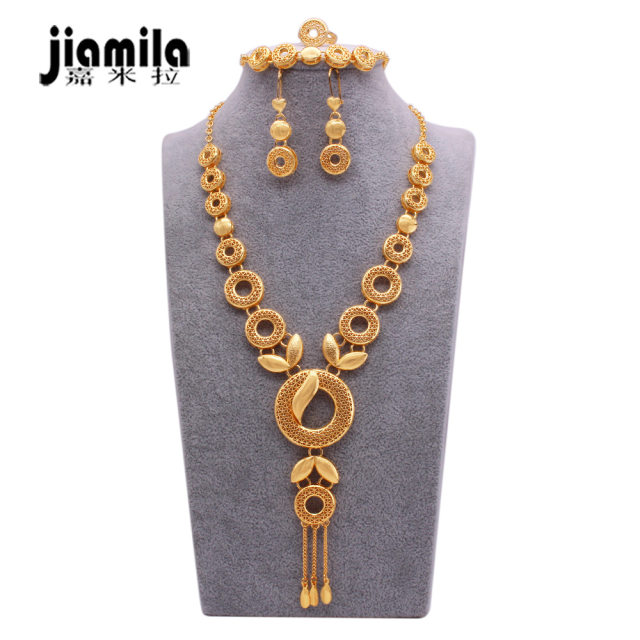 Jamila Dubai 24K Gold Plated Women's Jewelry Set Nigerian Necklace Earrings Ring Bracelet Four Piece Set