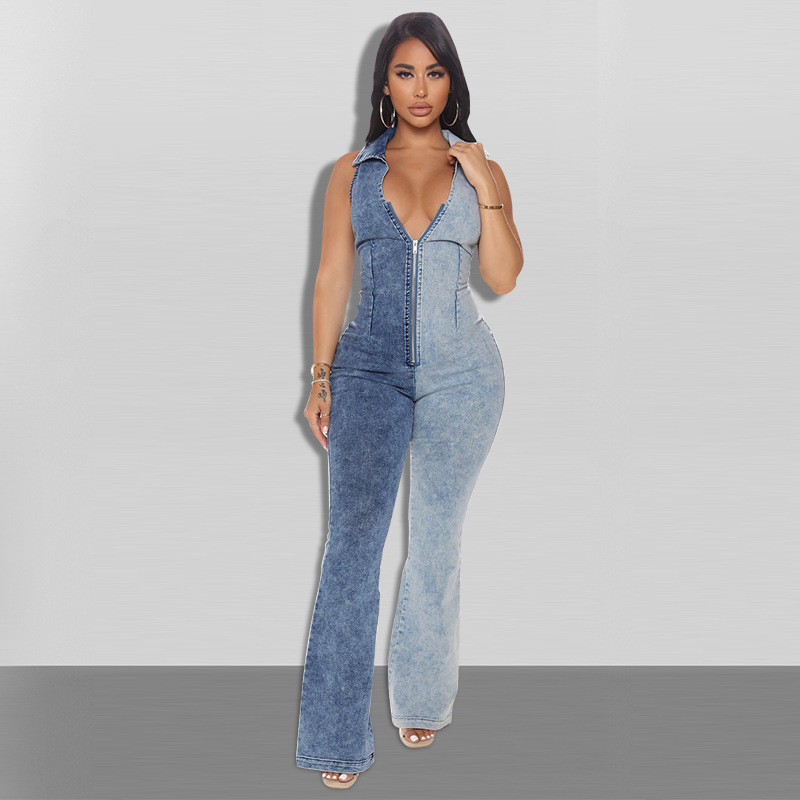 sleeveless lapel slim low-cut zipper Denim Jumpsuit NSFH126781