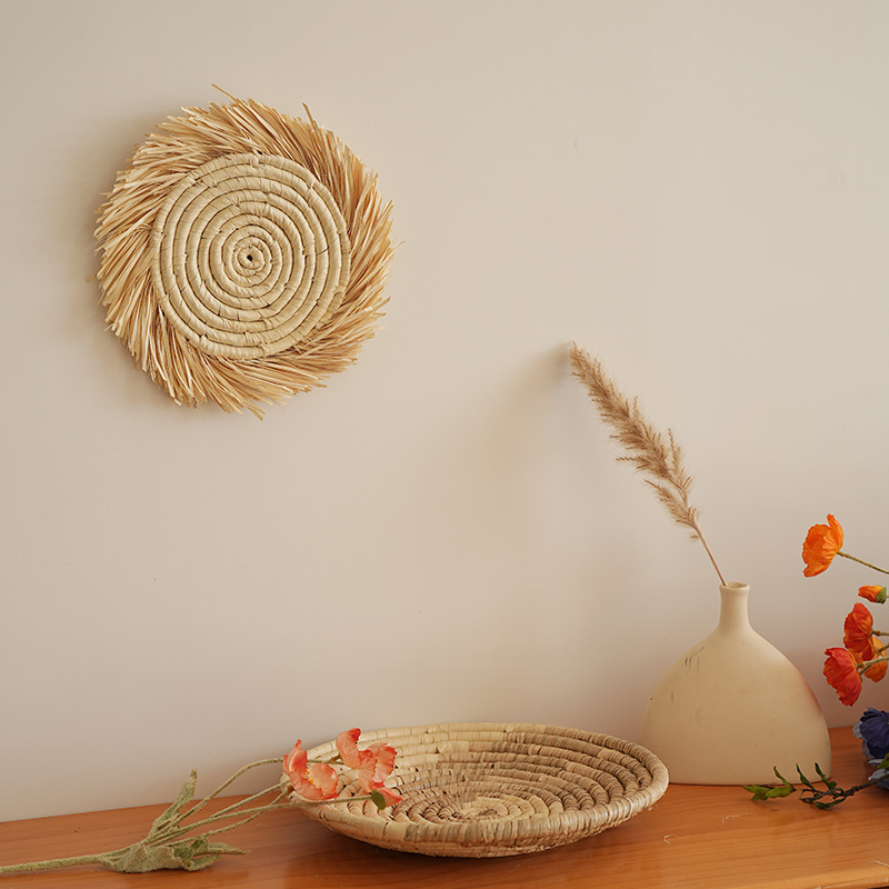 Nórdico bohemio decoración de pared redonda de paja pared colgante de pared decoración de lujo ligera colgante de pared
