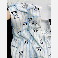 带胸垫睡衣女款春秋季卡通小狗条纹长袖长裤可外穿家居服套装批发