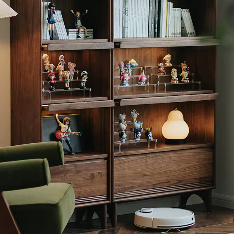 复古黑胡桃木实木书柜北欧客厅防尘玻璃展示柜储物柜收纳组合书架