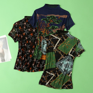 genuine goods 100% Mulberry Silk Silk Mesh Knitted Digital Printed Lace Collar Half High Collar Short Sleeve Women's T-shirt Summer