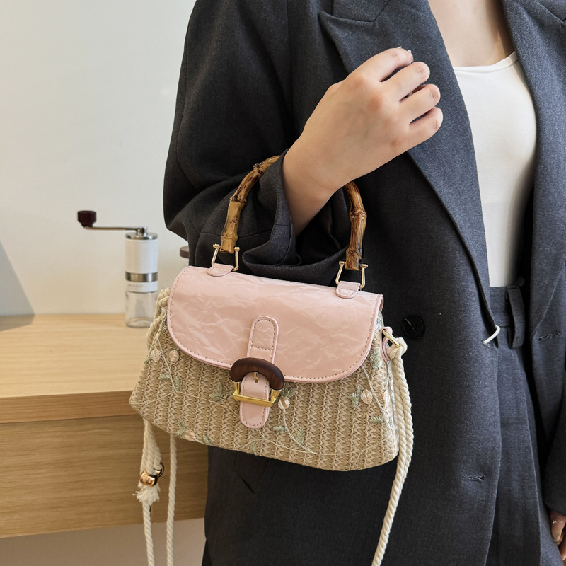 Bolso de hombro para mujer, estilo pastoral, bolso de mano con mango de bambú tejido de paja, bolso de mensajero de playa de bosque fresco y dulce