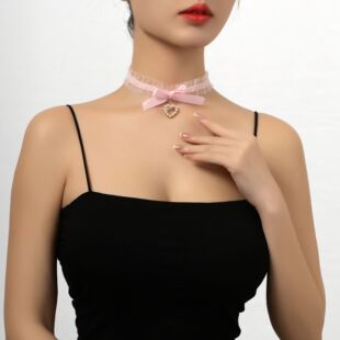 Korean Popular Pure Lust Style Cute Lolita Bow Heart Pendant Collar Necklace choker Clavicle Chain for Women