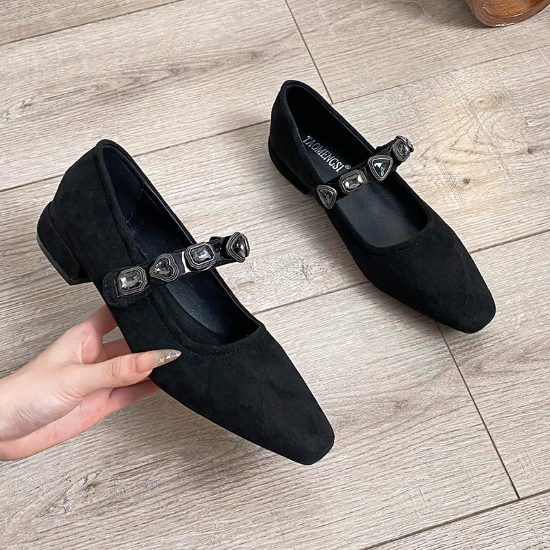 Giày Mary Jane nữ mũi vuông gót thấp 1-3 cm, quai đính đá, họa tiết da báo — Màu đen, Vân báo