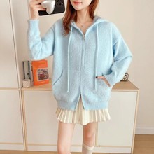 跨境仿水貂绒连帽开衫女秋冬新款宽松显瘦软糯休闲双拉链外套女