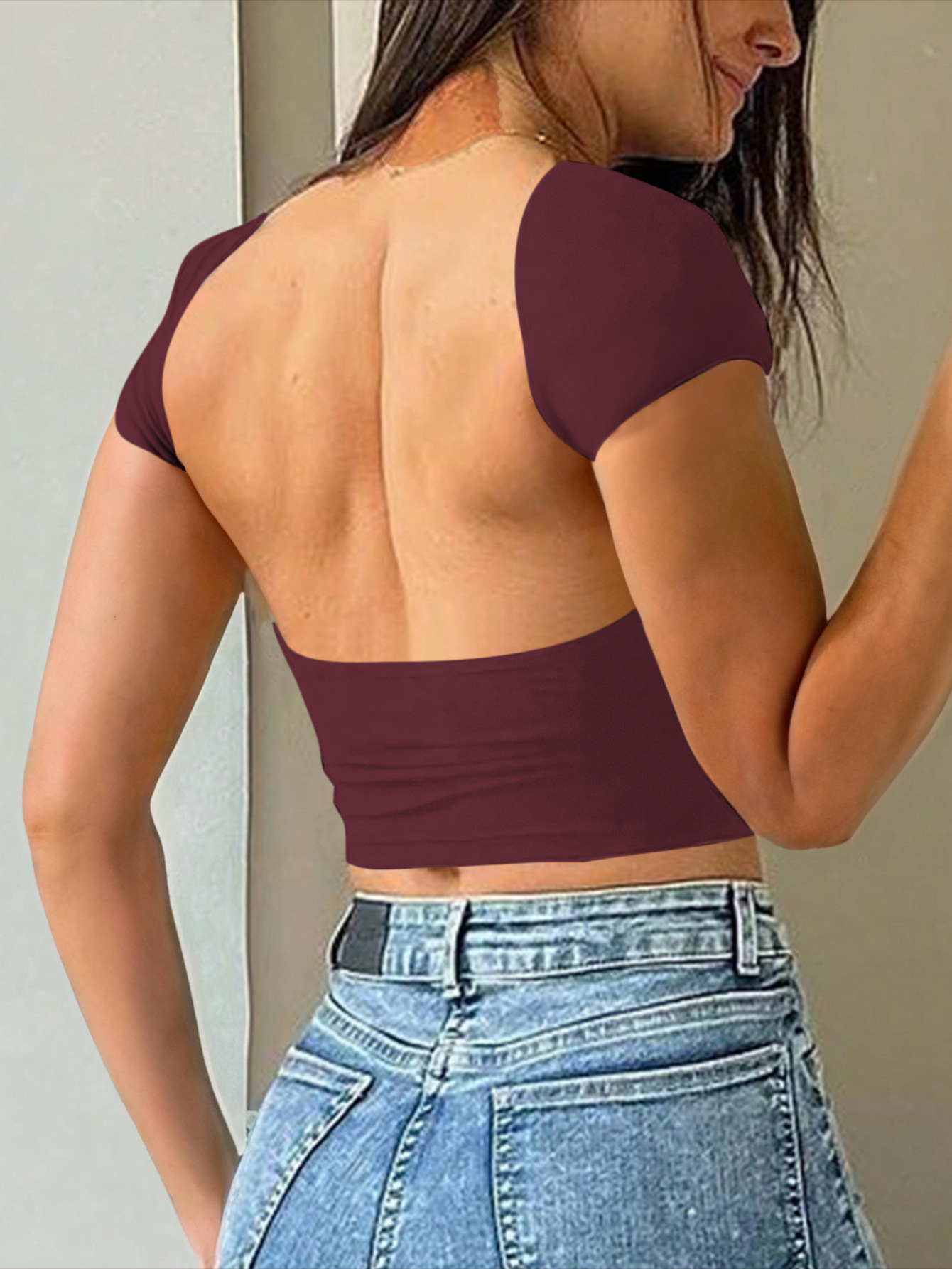 91g Weight Short Sleeve Sleeve Length Pullovers Placket Type Regular Sleeve Sleeve Type Spandex, Viscose fiber Fabric Type Regular Top Length T-shirt Tops Type Daily Occasion Round Neck Neckline Comfort Function Slim Fit Type Solid Color Pattern 2025 Spring and Summer Season Women's Gender Backless Design Streetwear Style Wholesale Women's Streetwear Solid Color Short Sleeve Backless T-Shirts 16
