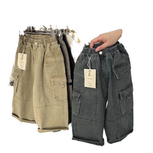 2024 Spring American Style Children's Multi-Pocket Distressed Work Pants for Boys and Girls Retro Straight Leg Skate Pants Trendy