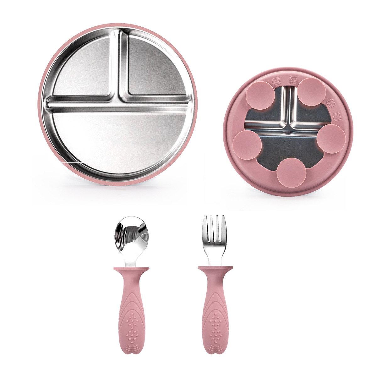 Plato de comedor de silicona de acero inoxidable 304, juego de tazón de arroz con aislamiento térmico para niños de grado alimenticio, cuchara de tenedor, tazón de sopa grueso, anti-caída y anti-escaldado