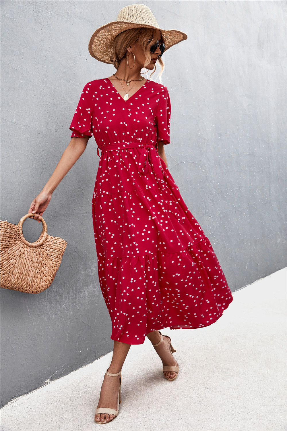 polka dot floral print V-neck short-sleeved lace-up long dress  NSLNZ123639