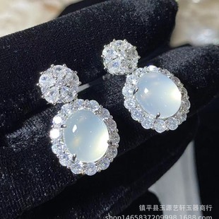 Jewelry Natural White Ice White Chalcedony Egg Face Silver Plated Earrings Yang Green Agate Women Emerald Color Jade Earrings Batch