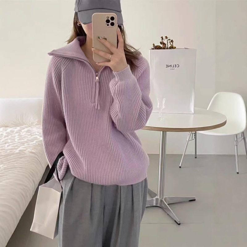 女性用の秋冬のピットハーフジップセーター、スタンドアップカラー、柔らかくワックスのようなルーズなレイジースタイルのアウターウェアニットセータートップ|undefined