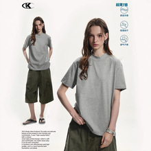11KN 美式宽松休闲立体裁剪纯棉上衣显瘦短袖半高圆领正肩T恤男女