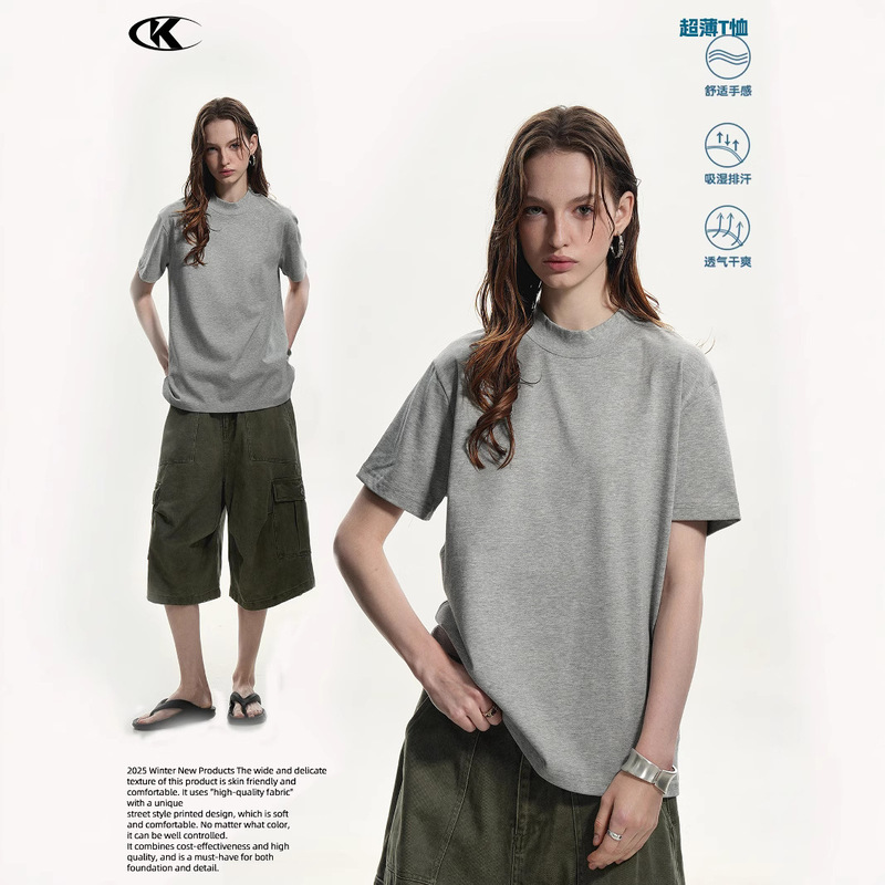 11KN American-style Loose Casual Three-dimensional Cut Pure Cotton Top Thin Short-sleeved Semi-high Crewneck Shoulder T-shirt for Men and Women