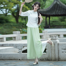 夏民族风盘扣绣花棉麻唐装女改良旗袍上衣雪纺阔腿裤国风茶服套装