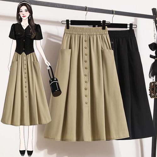 Black A-line women's skirt, half-length, summer, suitable for middle-aged mothers, pleated, versatile