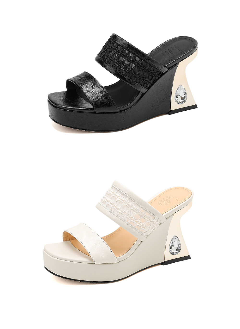 Sandal cao gót nữ đế xuồng mũi vuông đính đá quai ngang — màu đen, màu trắng ngà chi tiết 22