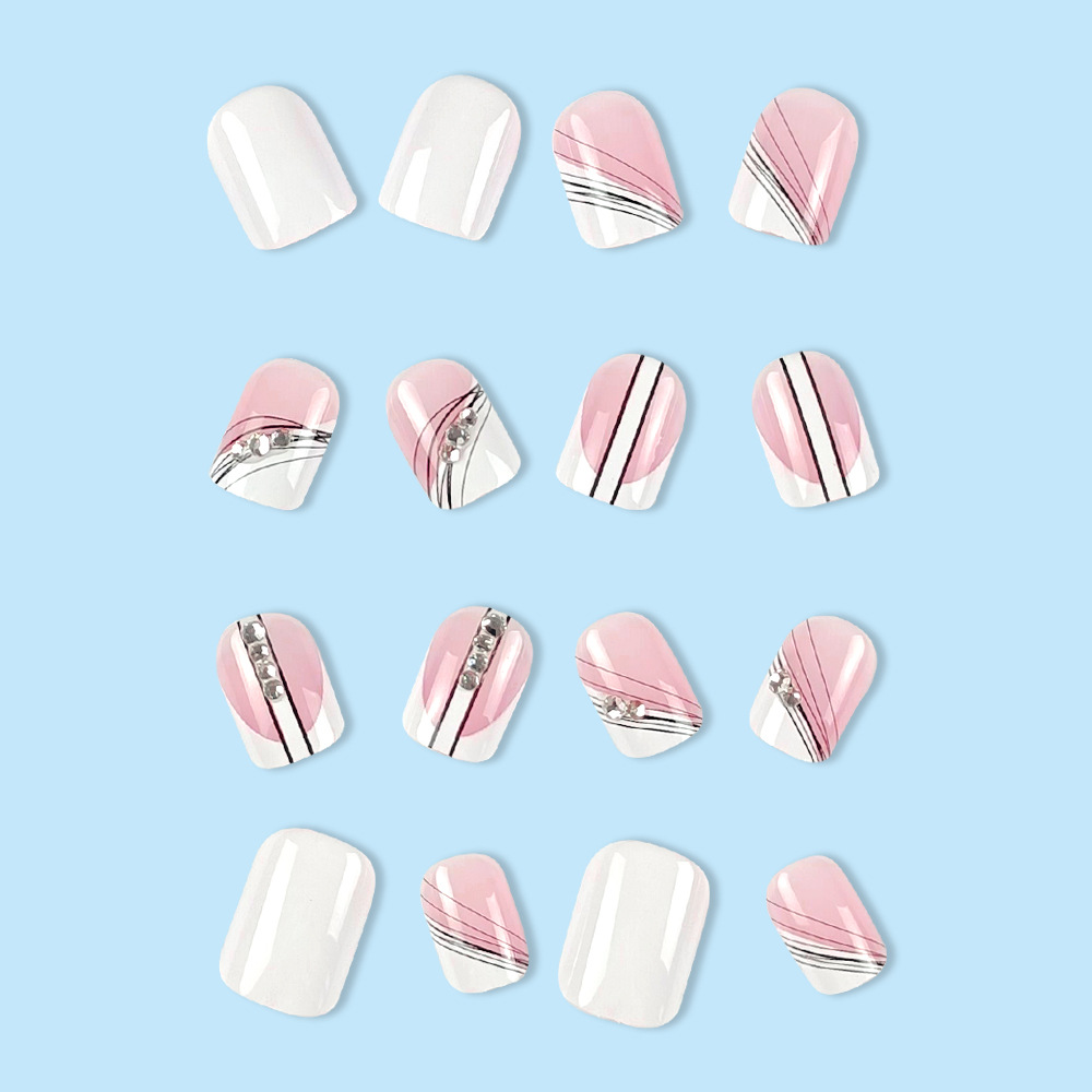 Arte de líneas blancas y rosadas, manicuras de diamantes flash, comercio exterior, explosión dulce y fresco, viento caliente, 24 piezas, productos terminados al por mayor. image 5