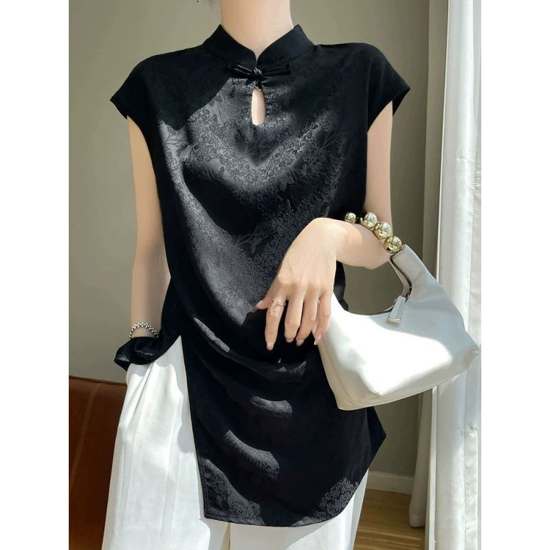 Новая черная футболка с короткими рукавами и жаккардовым воротником Cheongsam в китайском стиле, женская модная рубашка на пуговицах с нерегулярным разрезом в национальном стиле.