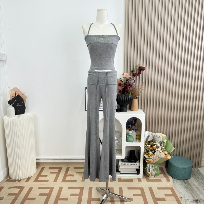 Desirable and Natural-Looking Halter Top and Slightly Flared Casual Pants Two-Piece Set for Women, Summer Casual Outfit Desirable and Natural-Looking Halter Top and Slightly Flared Casual Pants Two-Piece Set for Women, Summer Casual Outfit