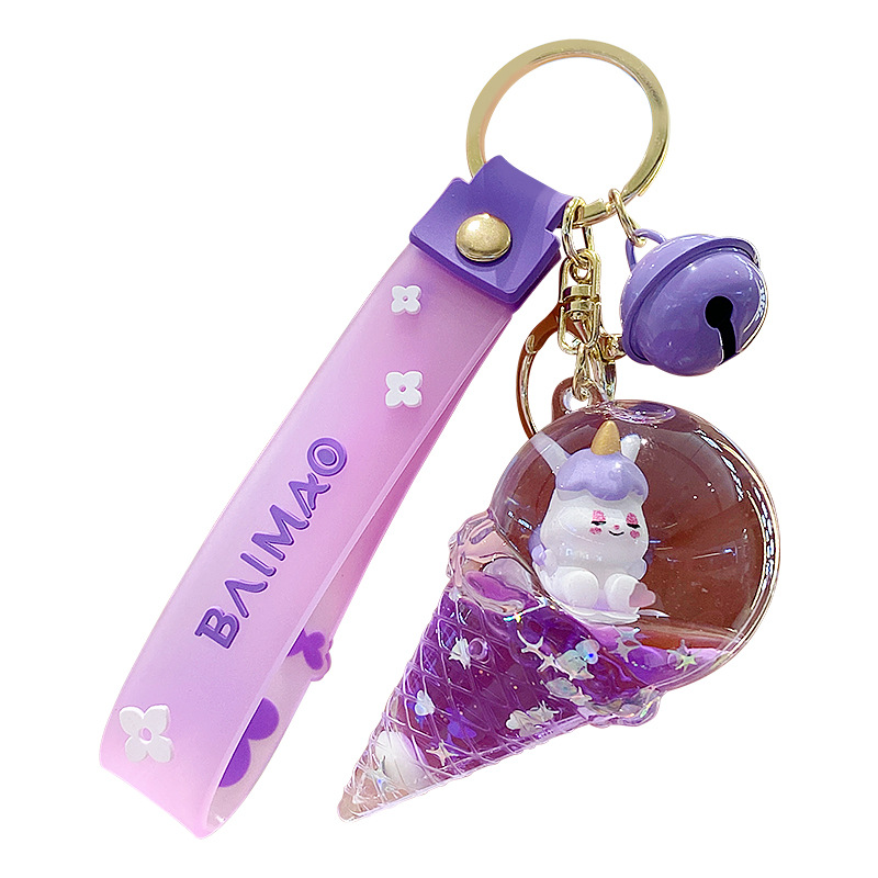 Llavero de unicornio transfronterizo para mujer, exquisito y lindo colgante de botella de arena líquida de cristal con forma de helado, accesorio para mochila, pequeño adorno.