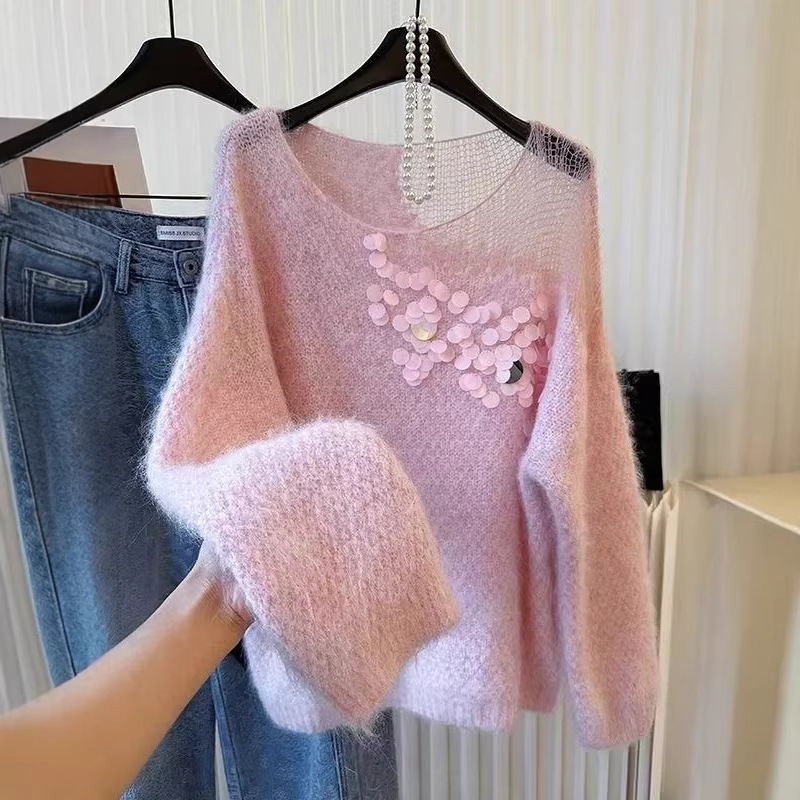 Heavy Sequined Thin Knit Sweater Top 2026 Spring New Korean Style Loose Sweet Gentle Style Pullover Sweater for Women Heavy Sequined Thin Knit Sweater Top 2026 Spring New Korean Style Loose Sweet Gentle Style Pullover Sweater for Women