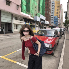 红色辣妹高级设计感一字肩飘带短袖T恤针织衫女夏季绝美露肩上衣