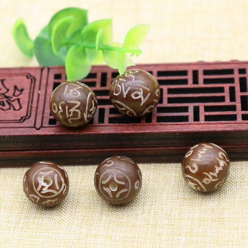 菩提雕刻 打孔文玩配珠 穿手串 創意個性單顆 帶皮菩提刻字圓珠