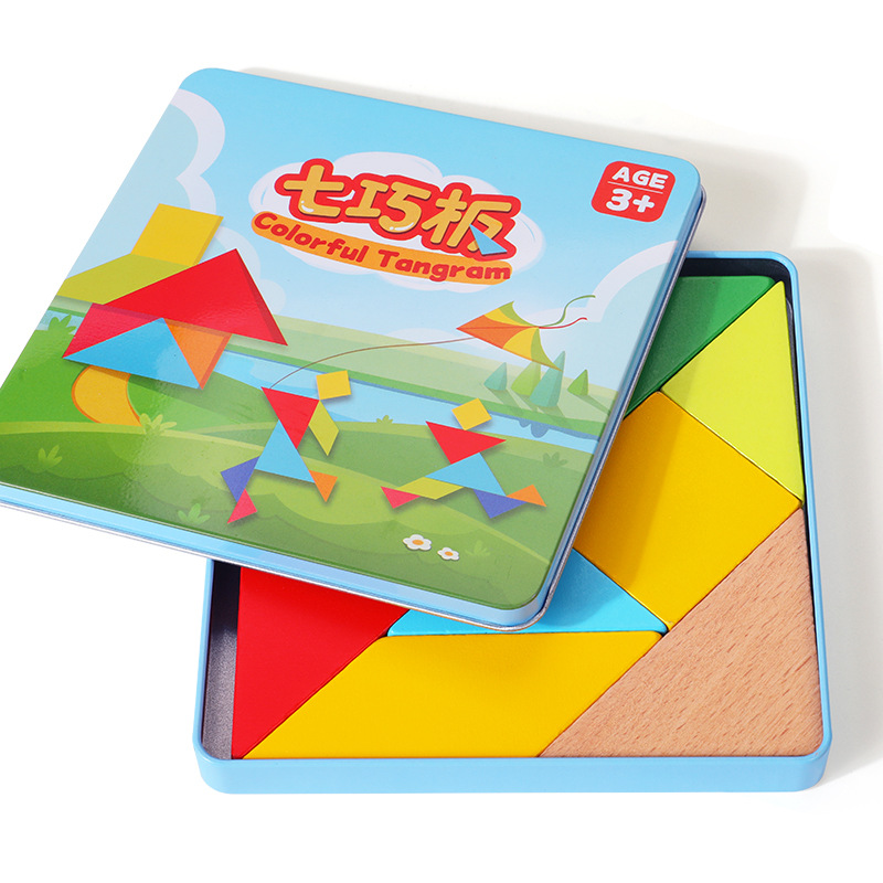 Fábrica directa caja de hierro para niños siete tablero inteligente juguetes de madera inteligencia rompecabezas pieza de puzzle herramientas de enseñanza