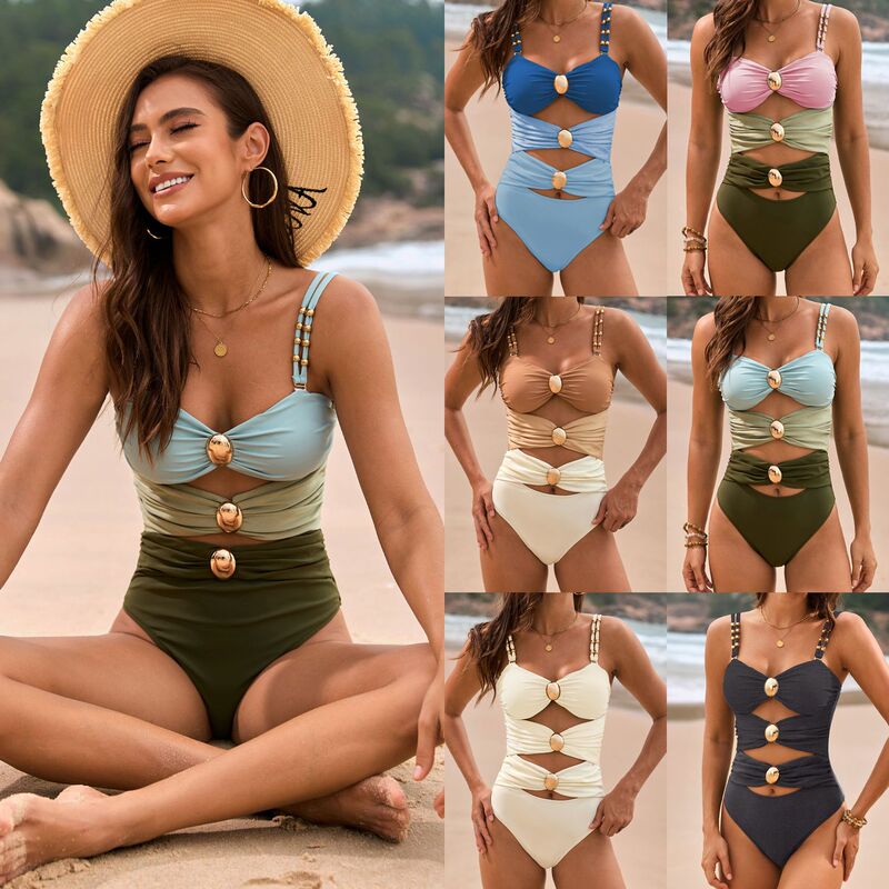 2025 New Swimsuit Solid Color Stitching Explosions Metal Buckle Swimsuit Amazon Europe and America Cross-border Swimsuit