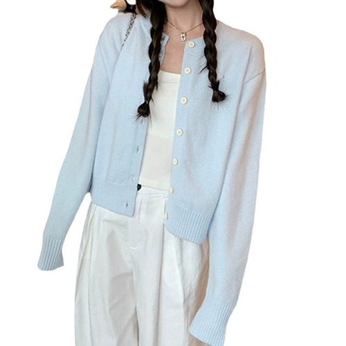 KANING light blue lazy style knitted cardigan jacket for women 2024 spring new soft and waxy short long-sleeved top