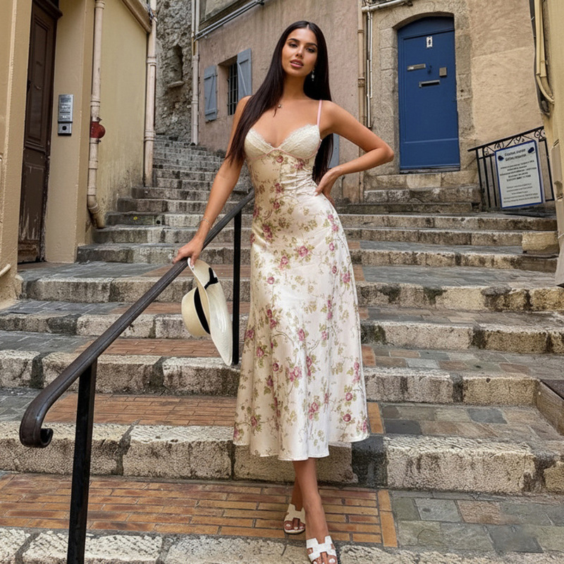 French Street-Style Vacation-Inspired Sexy V-Neck Lace Satin Patchwork Spaghetti Strap Dress Floral A-Line Printed Long Dress French Street-Style Vacation-Inspired Sexy V-Neck Lace Satin Patchwork Spaghetti Strap Dress Floral A-Line Printed Long Dress
