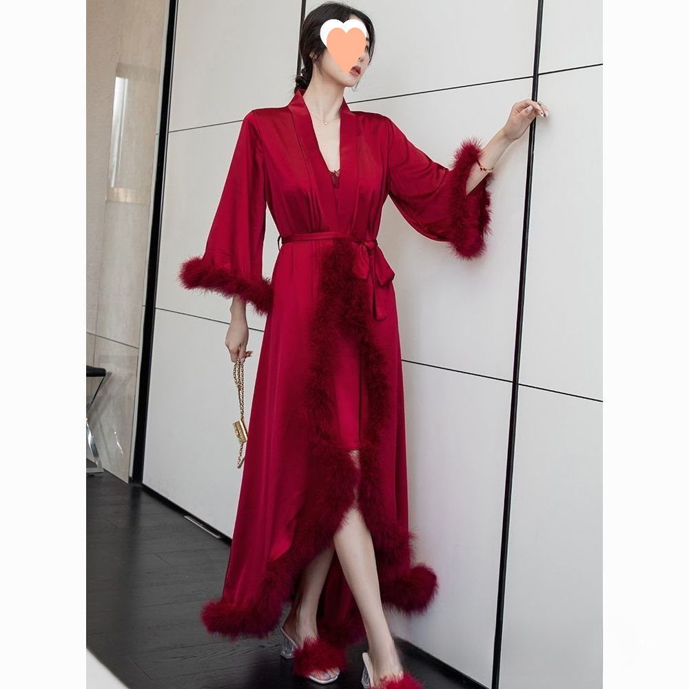 Demon Style Home Wedding Morning Robe Bridal Long Nightgown Burgundy Feather Wedding Pajamas Silk Nightgown [15
