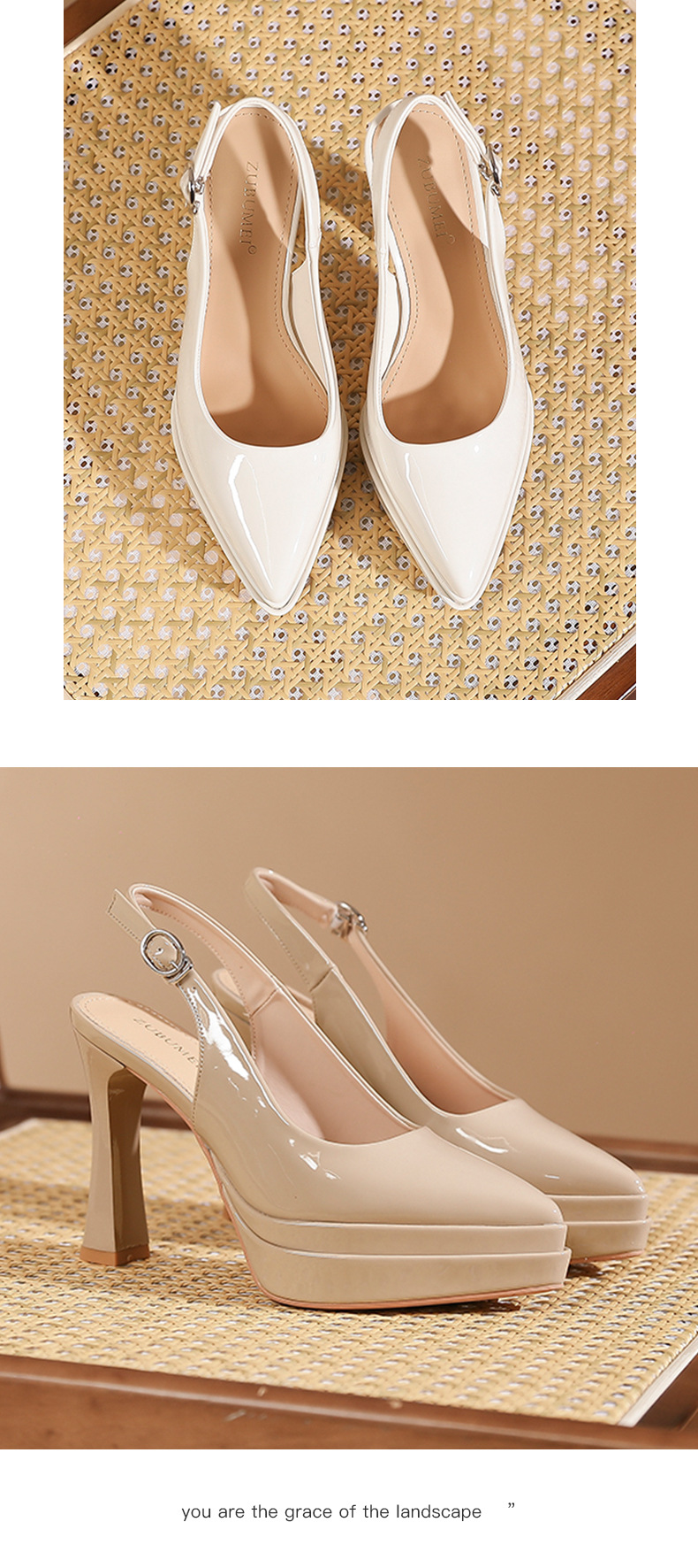 Sandal cao gót nữ mũi nhọn, gót 11 cm, đế platform, quai hở gót — Màu nude - 11cm chi tiết 8