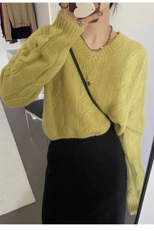 羊毛衫女100纯羊毛针织打底秋冬新款V字领套头毛衣重工扭花设计衫|undefined