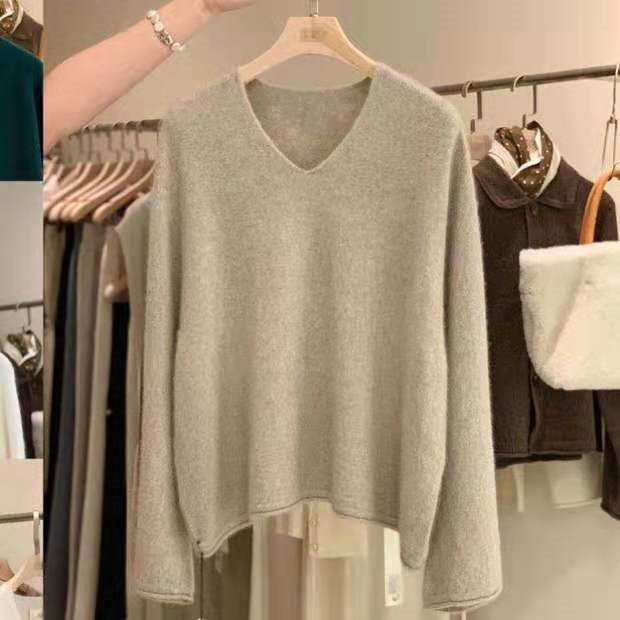 Autumn and Winter High-end 100 Pure Wool Sweater Women's V-neck Loose Casual Korean Knitted Long-sleeved Elegant Wool Base Shirt