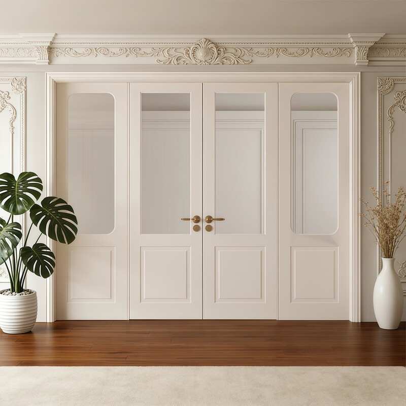 Cross-Border Two Fixed and Two Sliding Four-Panel Solid Wood Composite Lacquered Glass Doors with a Central Balcony Door, French Style Interior Door Wholesale Cross-Border Two Fixed and Two Sliding Four-Panel Solid Wood Composite Lacquered Glass Doors with a Central Balcony Door, French Style Interior Door Wholesale